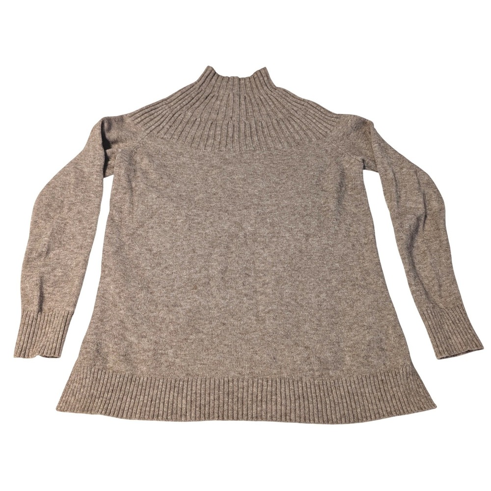 Anthropologie Womens Taupe Heather Ribbed Mock Neck Sweater Side Slits Size S